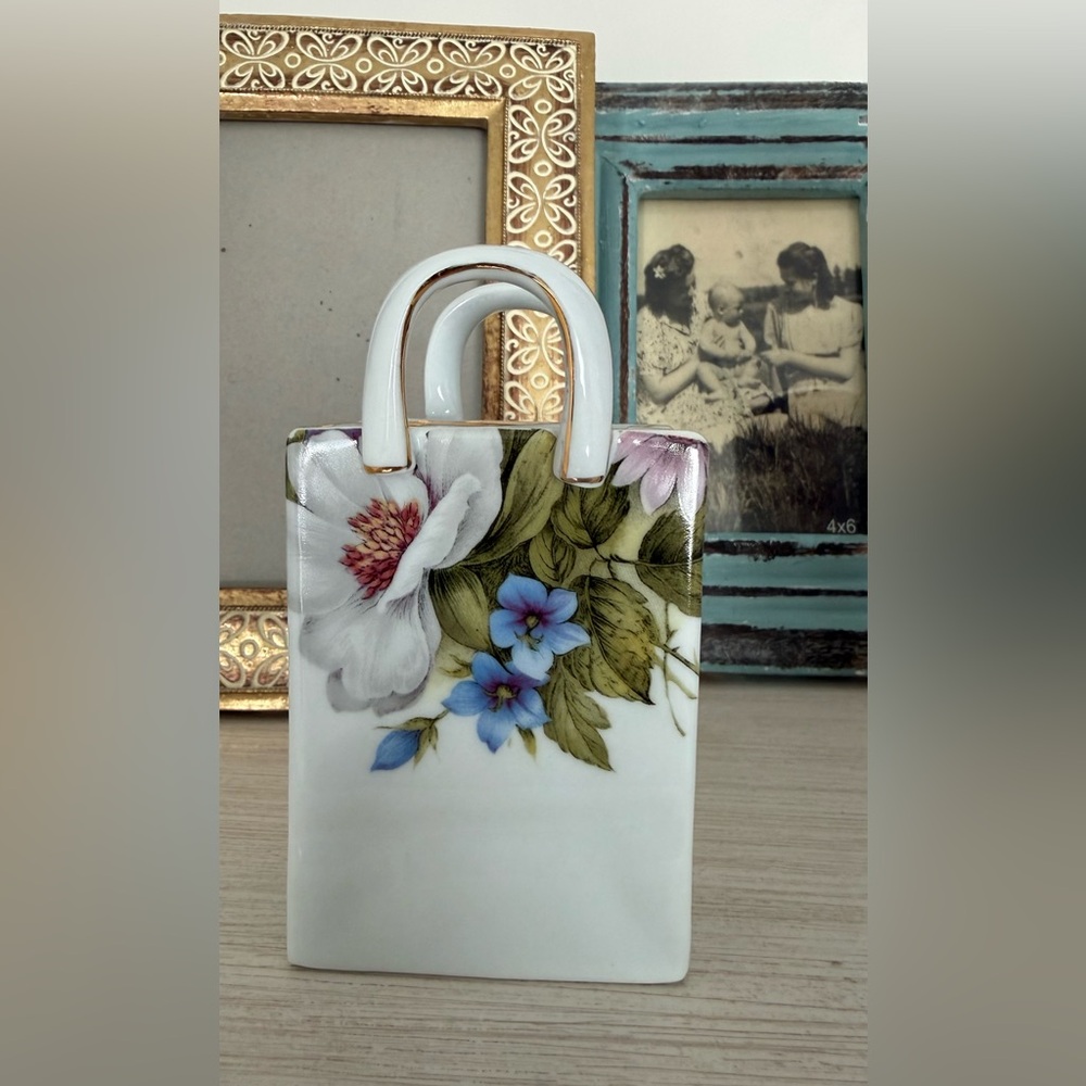 Floral Ceramic Handbag Vase Figurine - White with Blue & Green Floral Accent